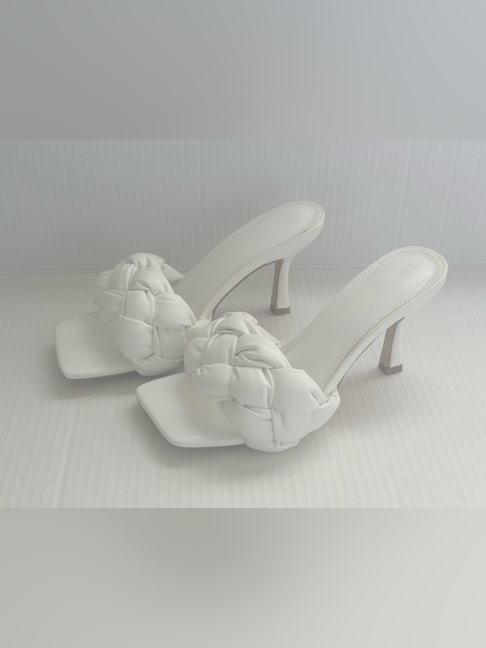 NWOB White Braided Square-Toe High Heel Mule size 6 with 3” heels.